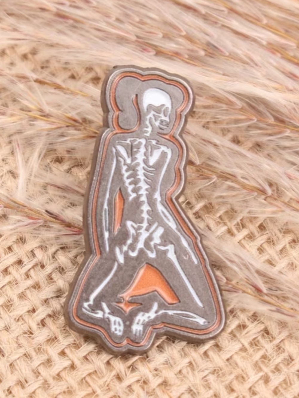 Skeleton Enamel Lapel Pin in Orange and Silver